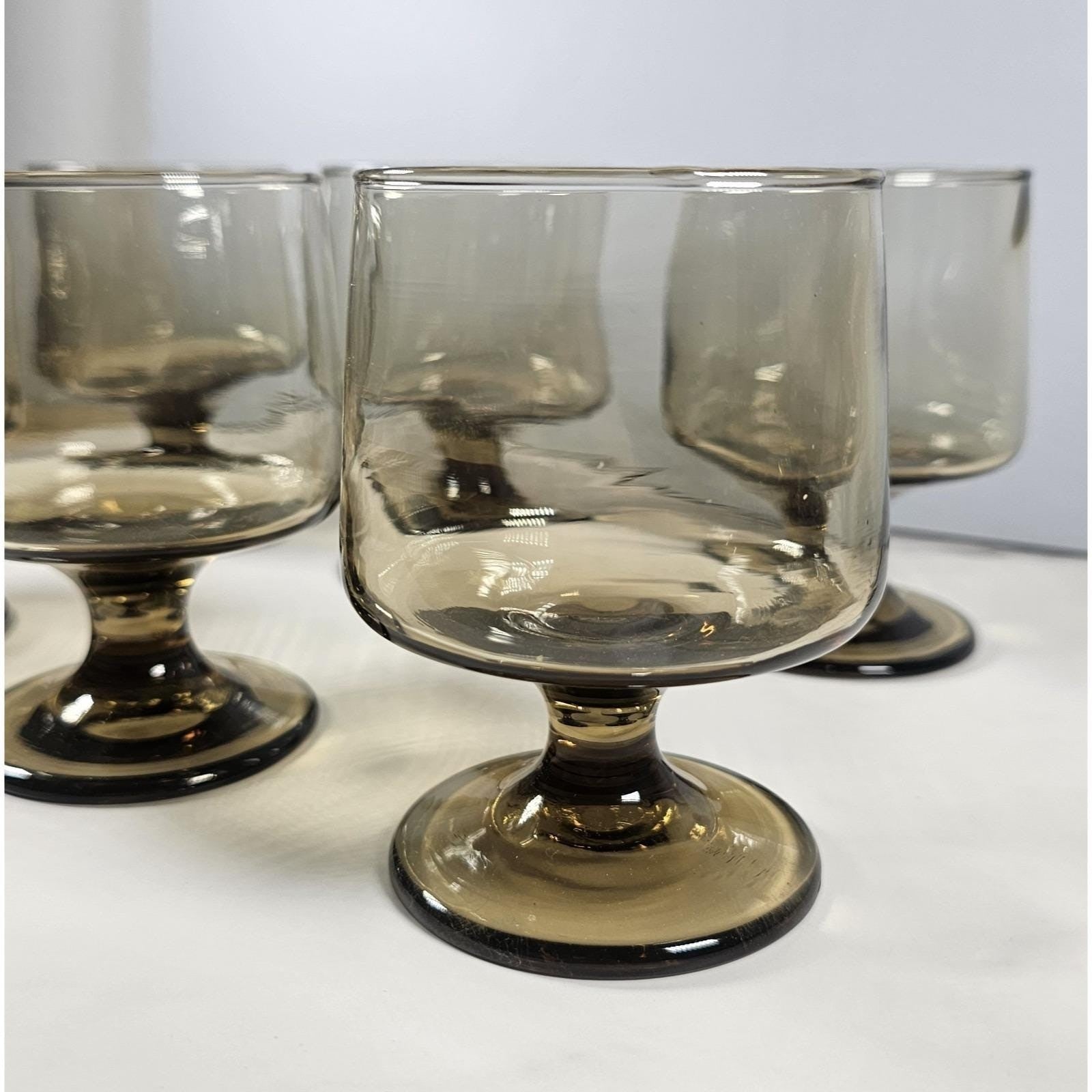 Mid Century Smokey Glass Goblets Set of 6 Vintage Footed Wine Glasses