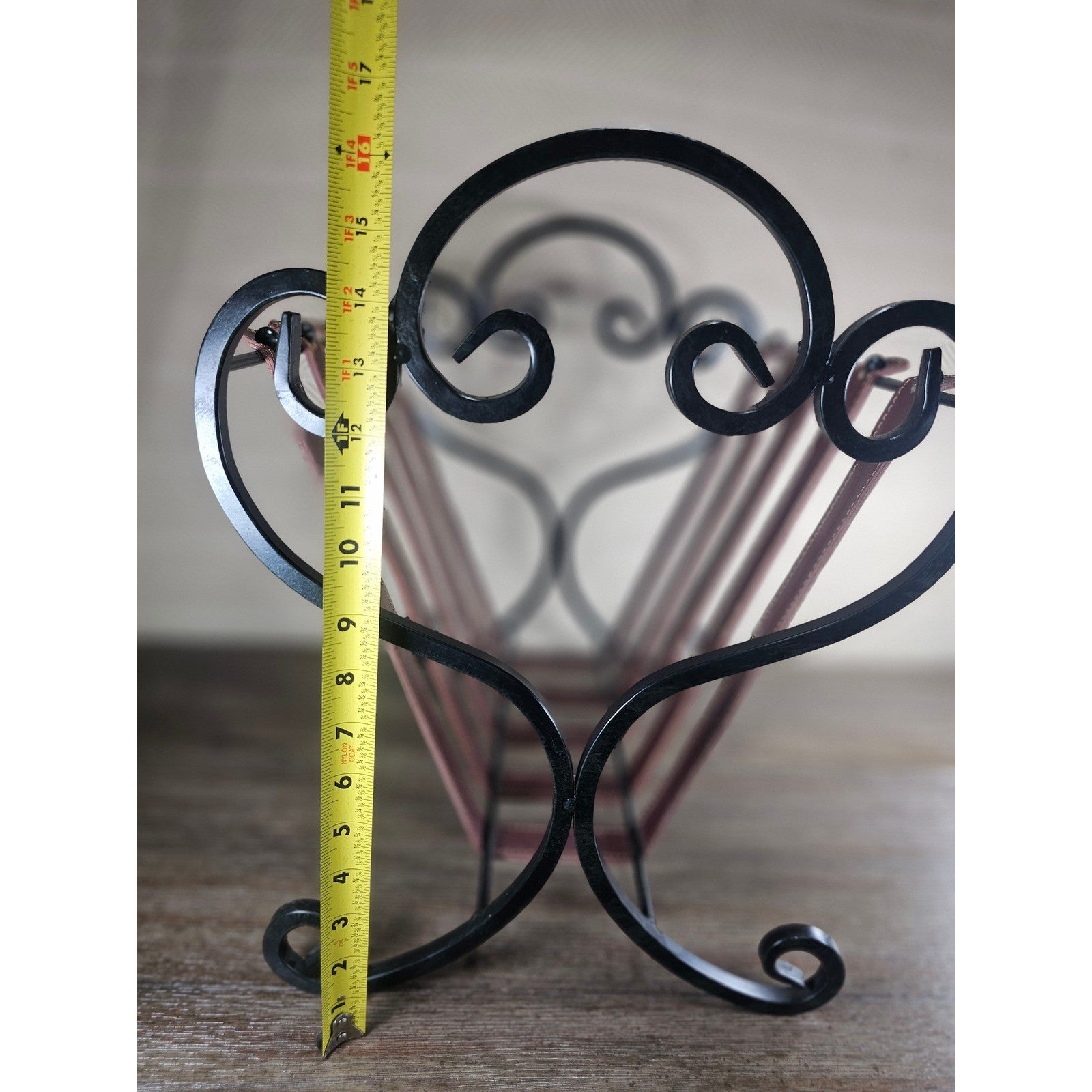 Vintage Iron & Leather Magazine Rack 16" Tall Rustic Book Holder