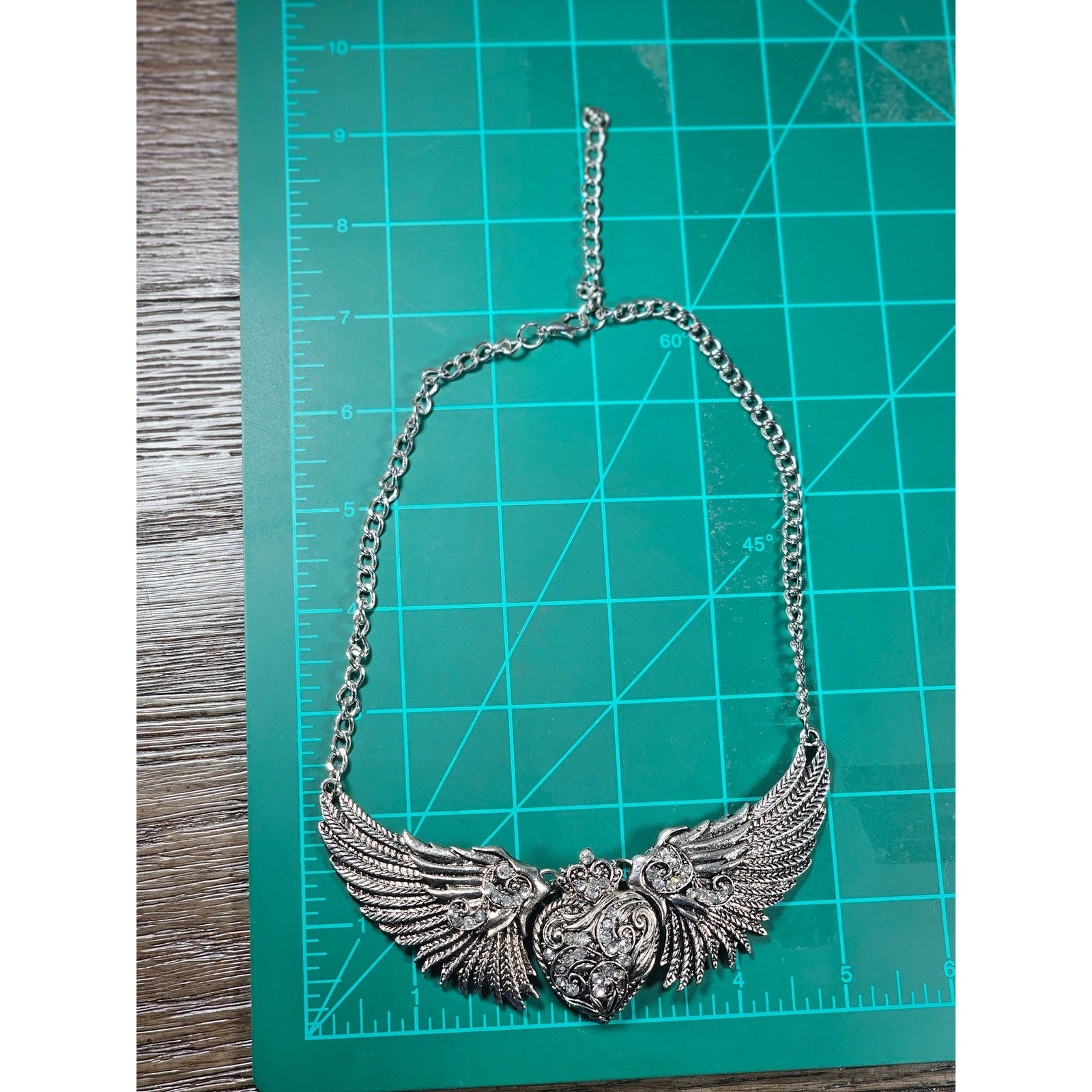 Vintage Winged Heart Rhinestone Necklace Silver Tone Statement