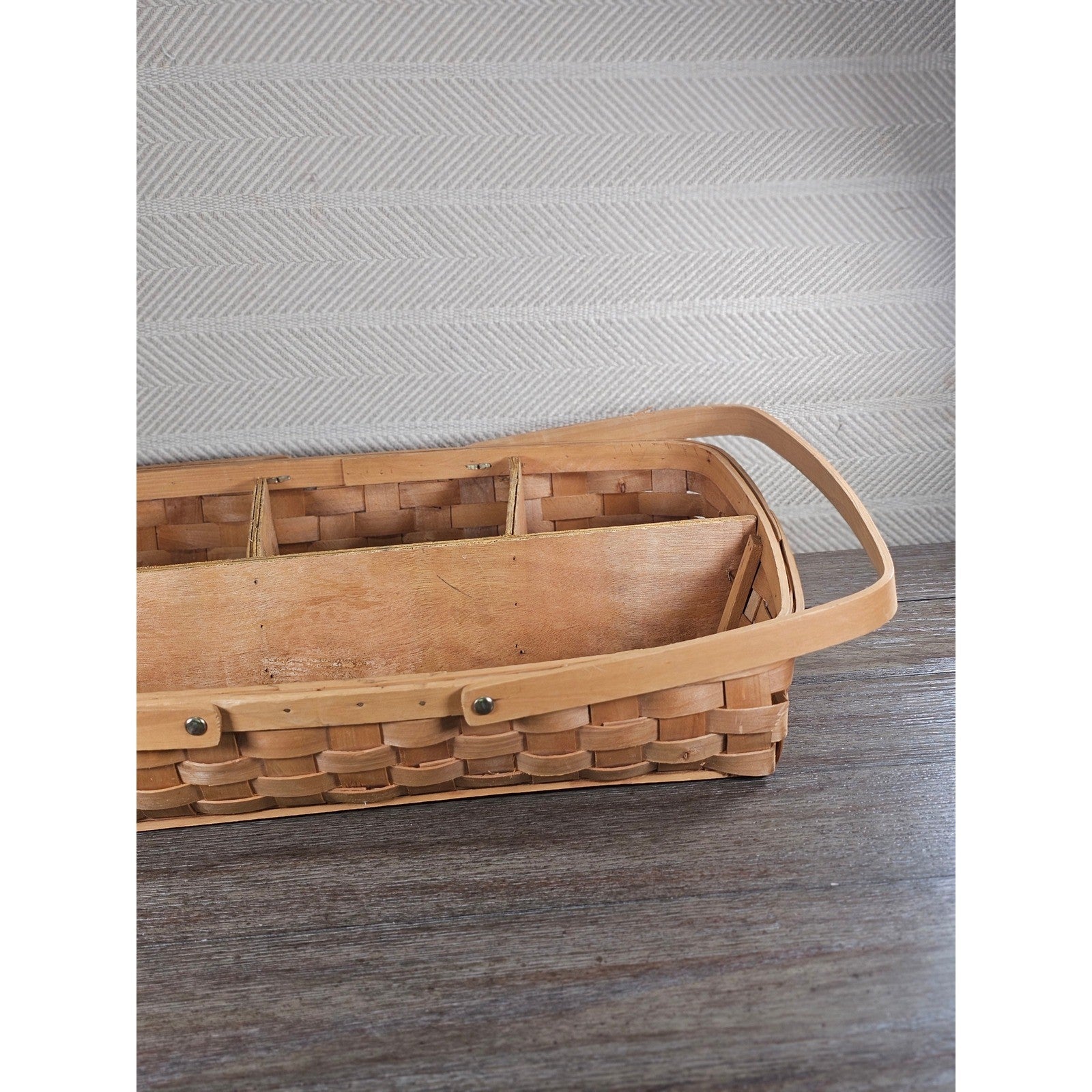 Vintage Wood Splint Divided Basket with Handle, Rustic Farmhouse Organizer