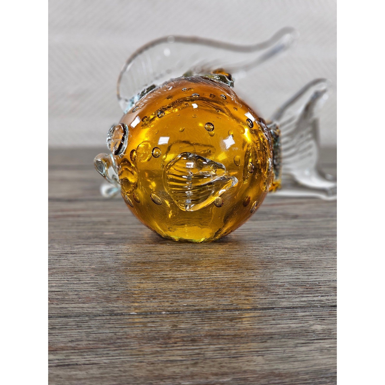 Vintage Amber Art Glass Fish Figurine 5" Hand Blown Bubble Glass