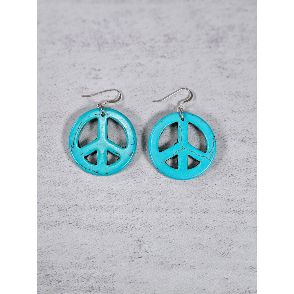 Vintage Turquoise Peace Sign Dangle Earrings Boho Hippie Style