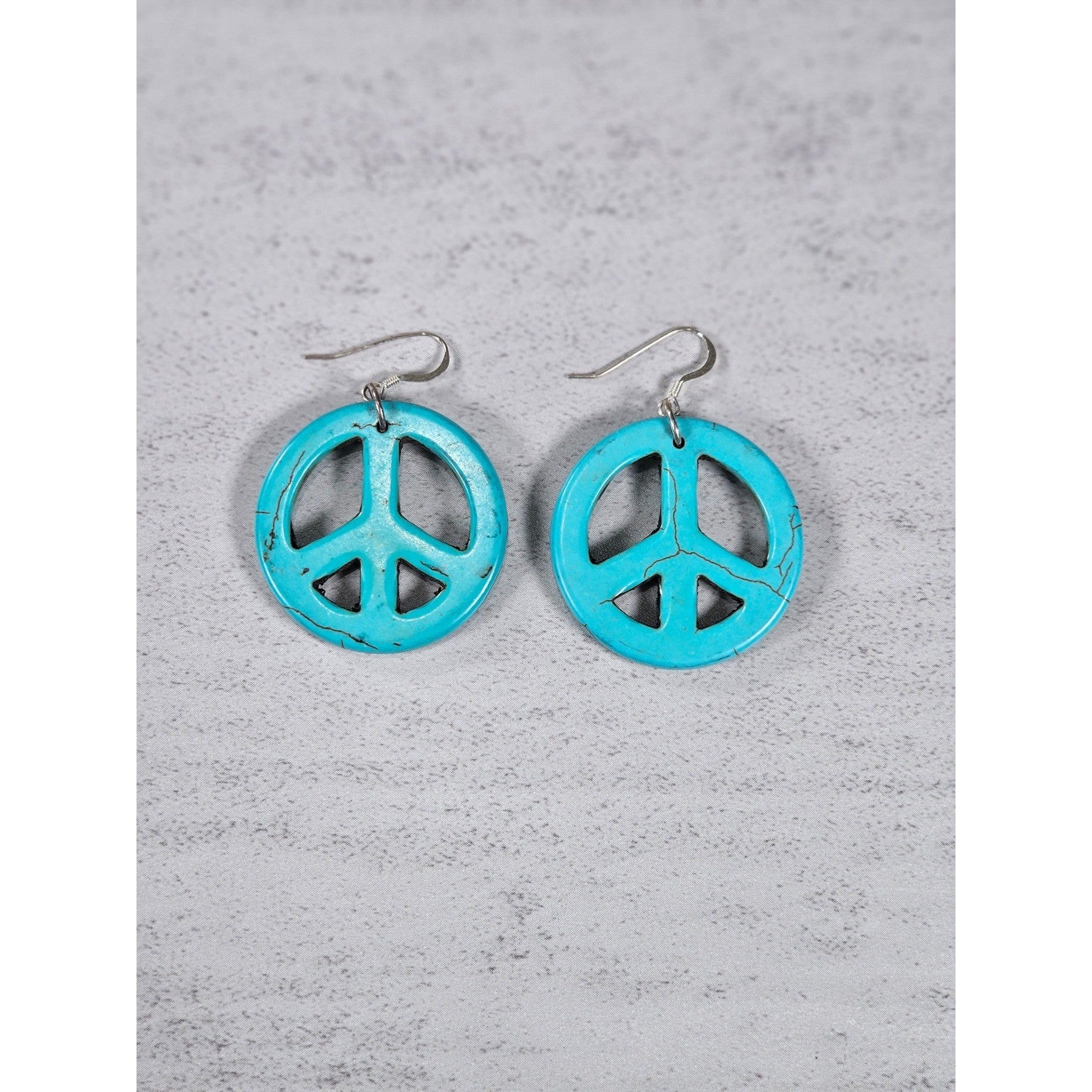 Vintage Turquoise Peace Sign Dangle Earrings Boho Hippie Style