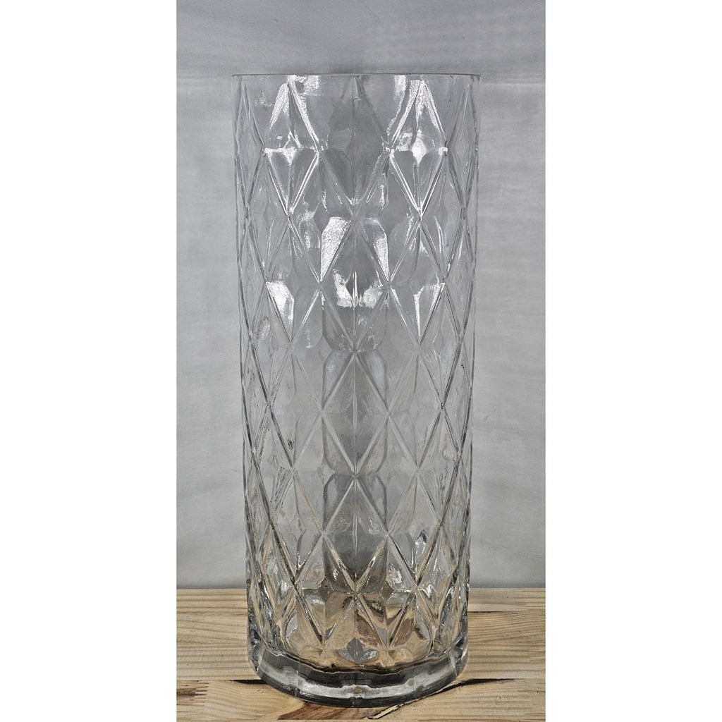 Vintage Diamond Cut Glass Vase 12" Tall Clear Cylinder Floral Vase