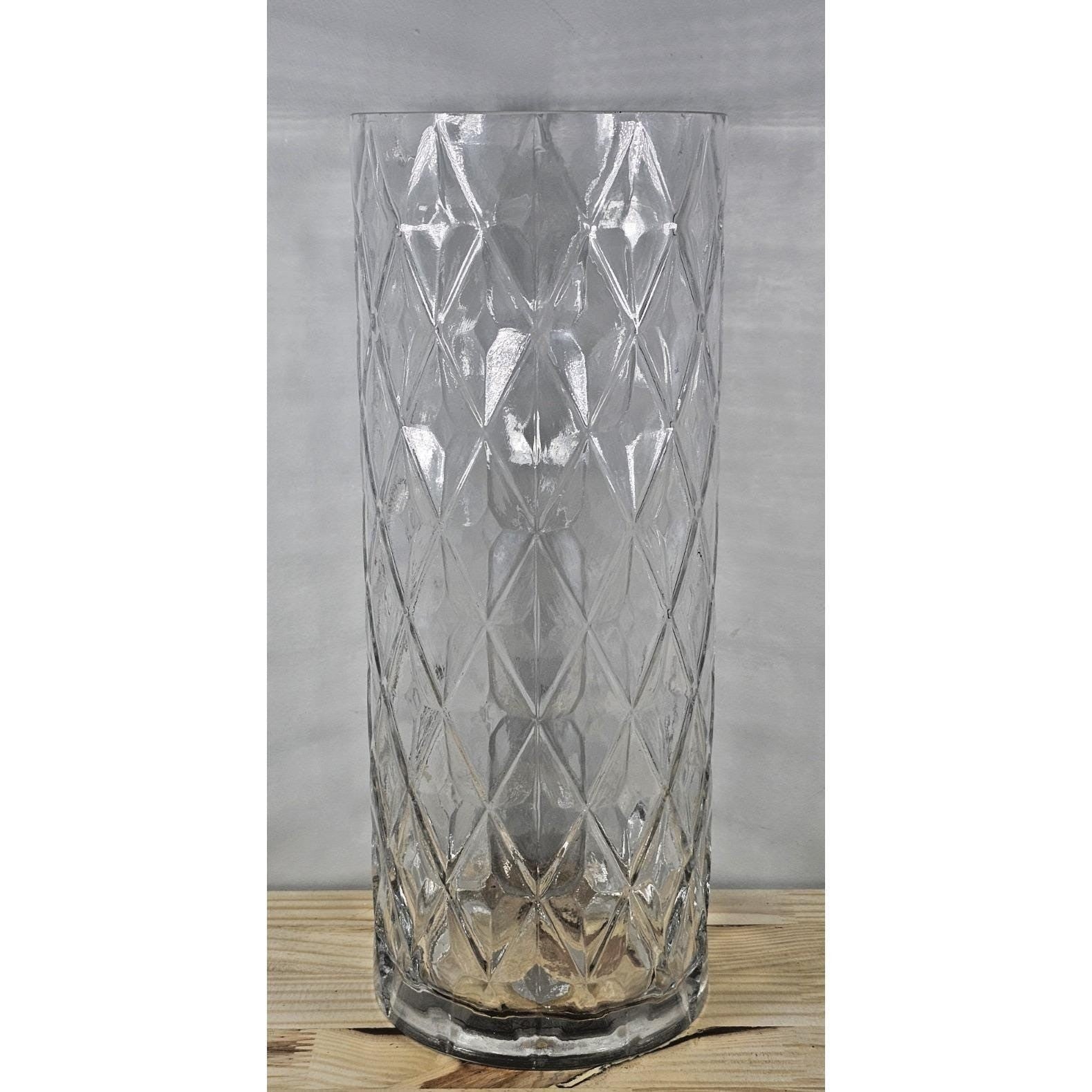 Vintage Diamond Cut Glass Vase 12" Tall Clear Cylinder Floral Vase