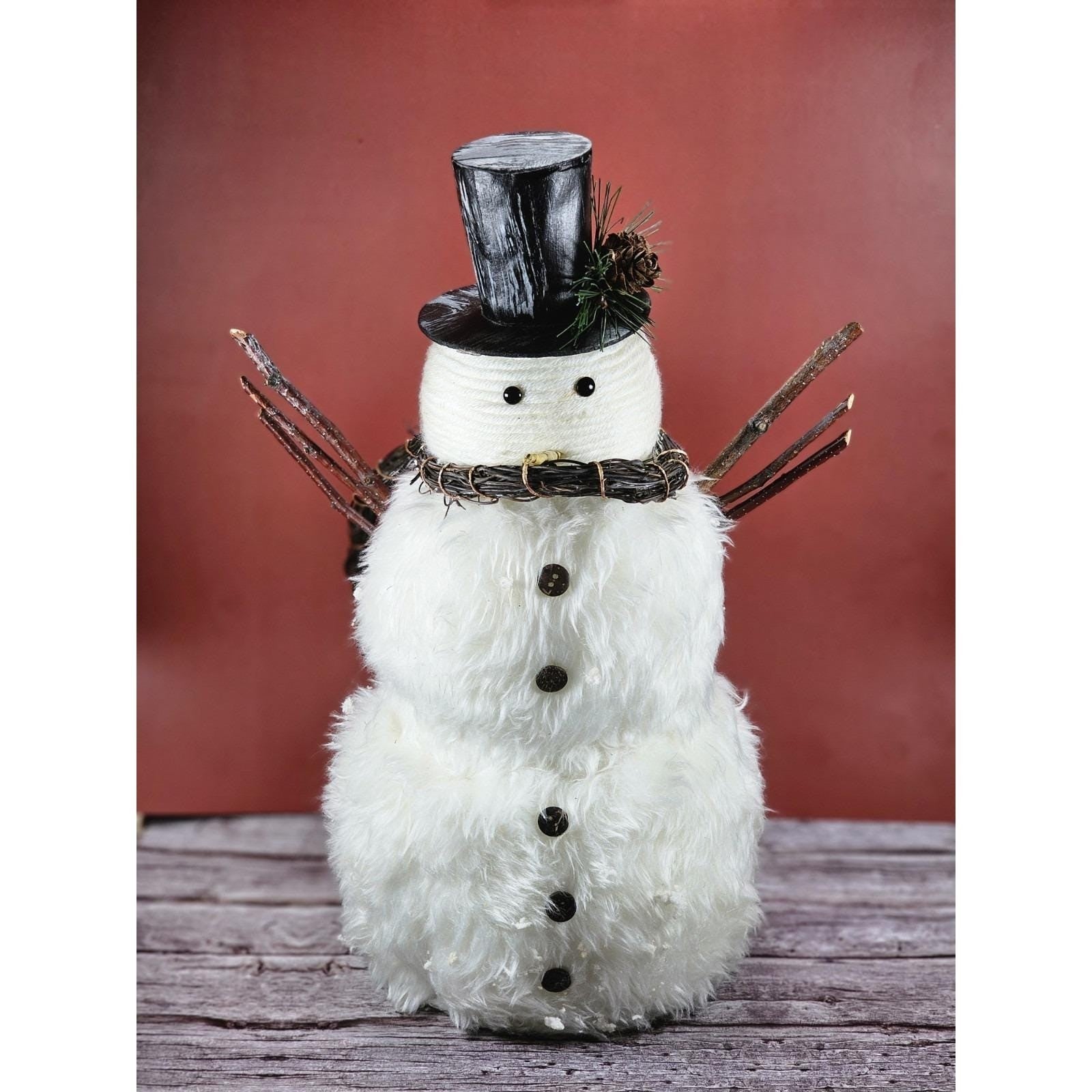 Rustic Snowman Figurine with Twig Arms Wreath Scarf Winter Decor