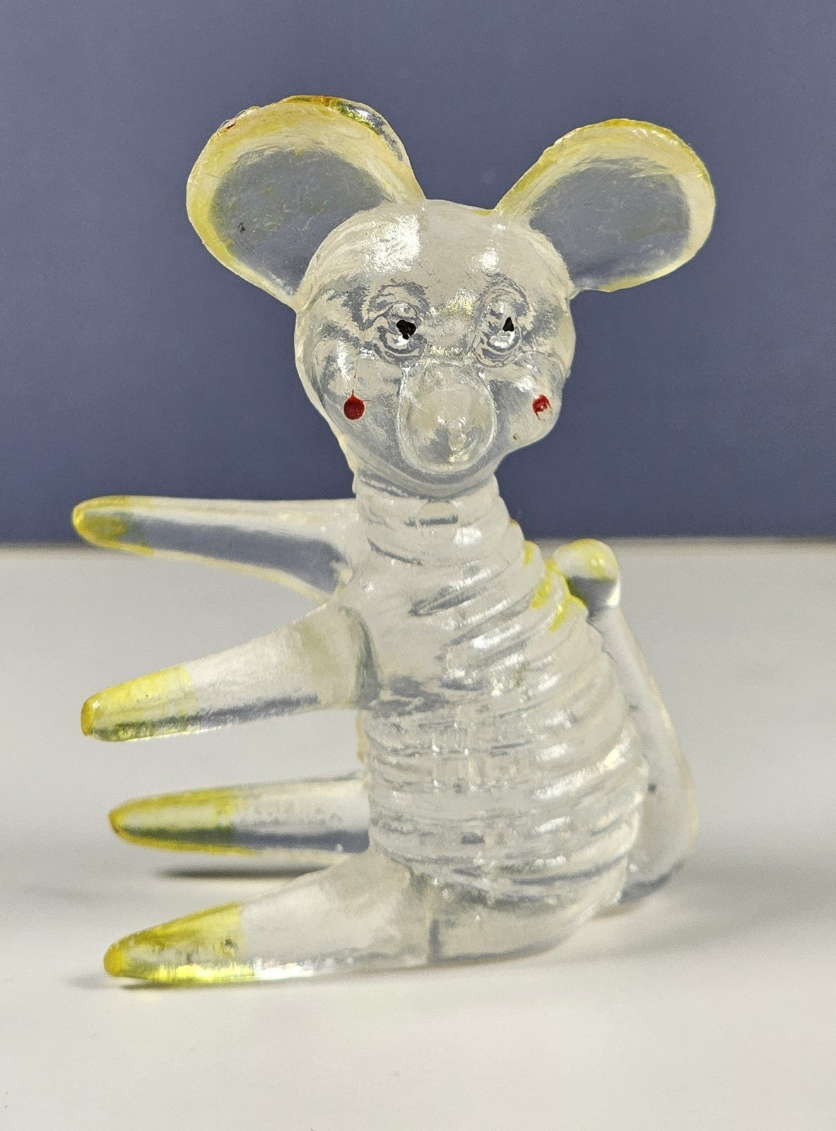 Set Of 2 Lucite Clear Acrylic Mouse Figurines 2 3/4 Inches With Yellow Ears & Ac