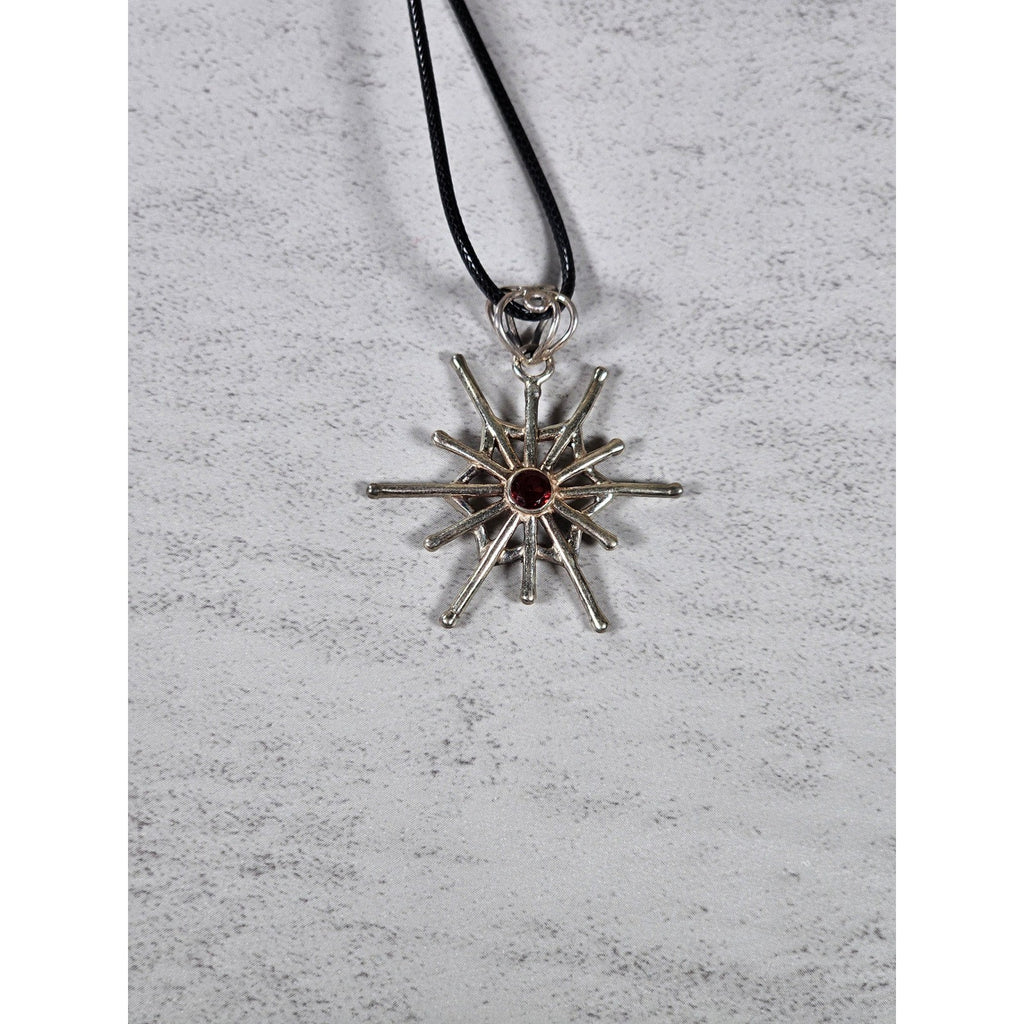 Vintage Starburst Pendant Necklace Red Stone Silver Tone