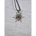 Vintage Starburst Pendant Necklace Red Stone Silver Tone