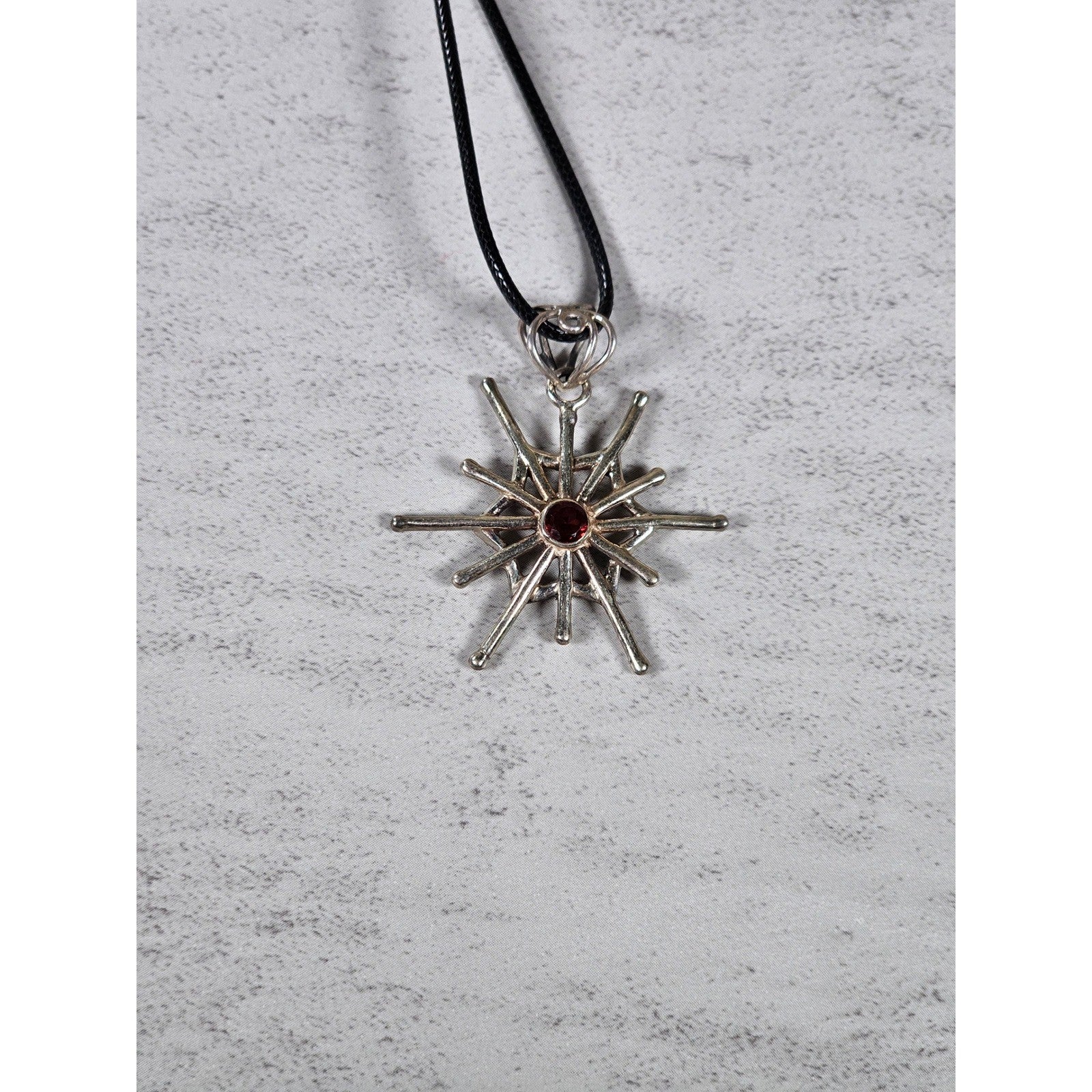 Vintage Starburst Pendant Necklace Red Stone Silver Tone