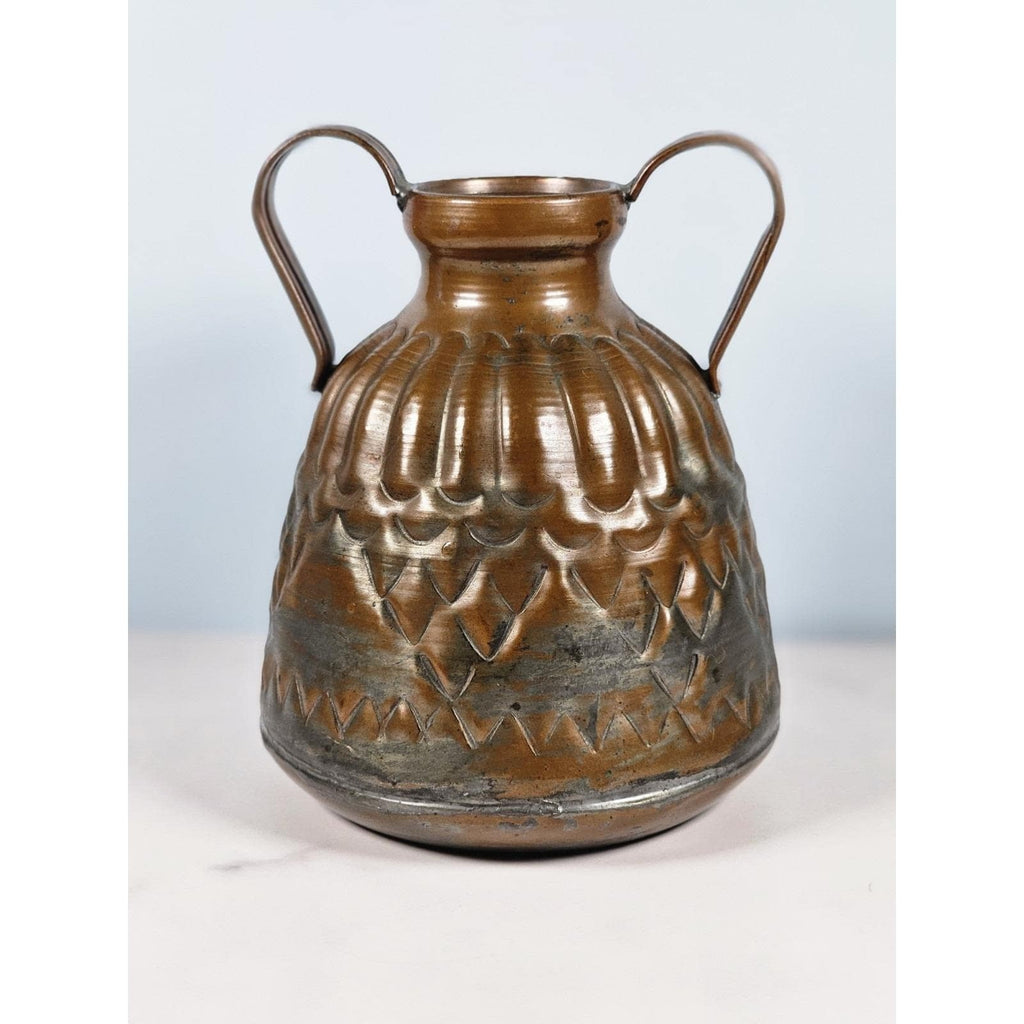 Vintage Hammered Copper Pitcher with Dual Handles Scalloped Design