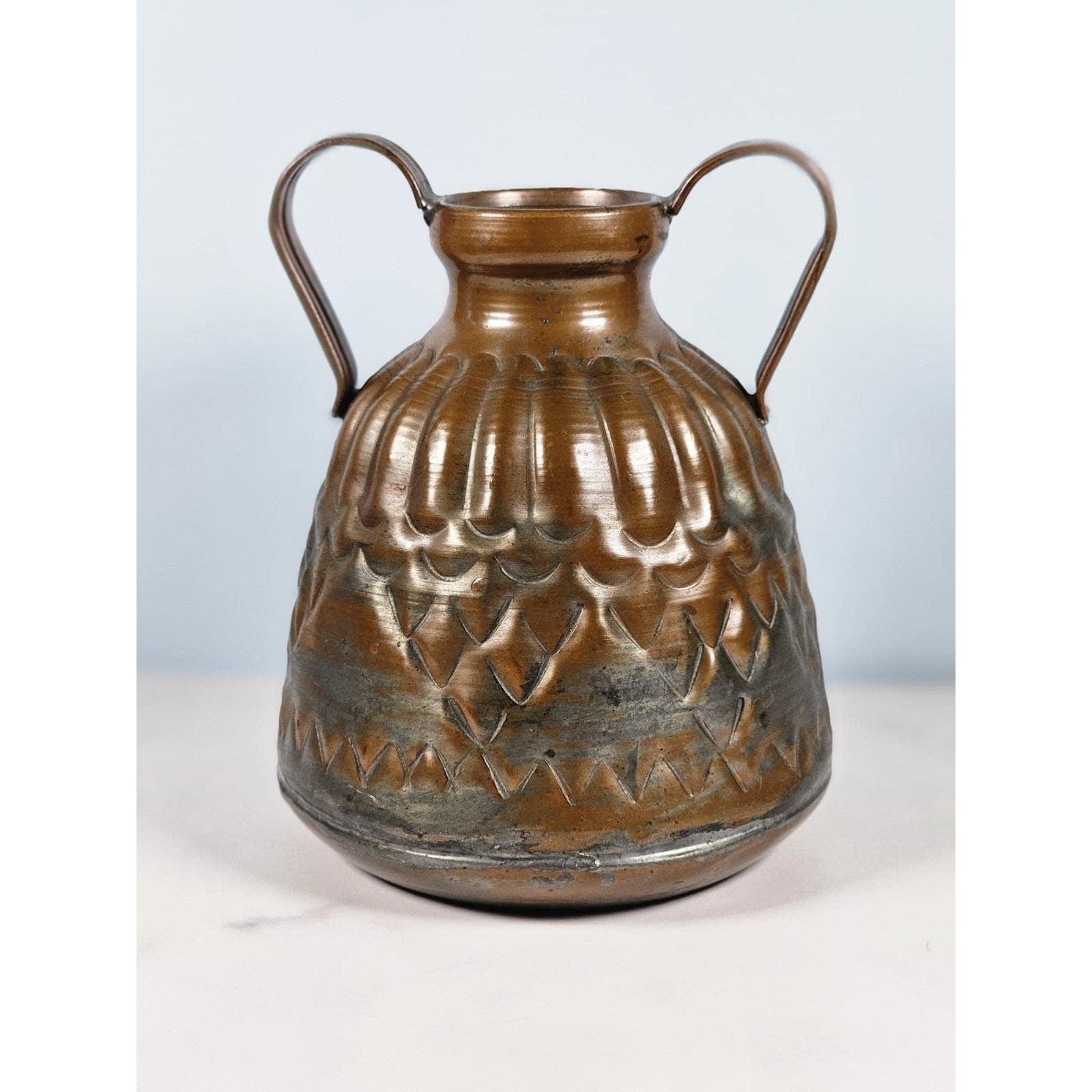 Vintage Hammered Copper Pitcher with Dual Handles Scalloped Design