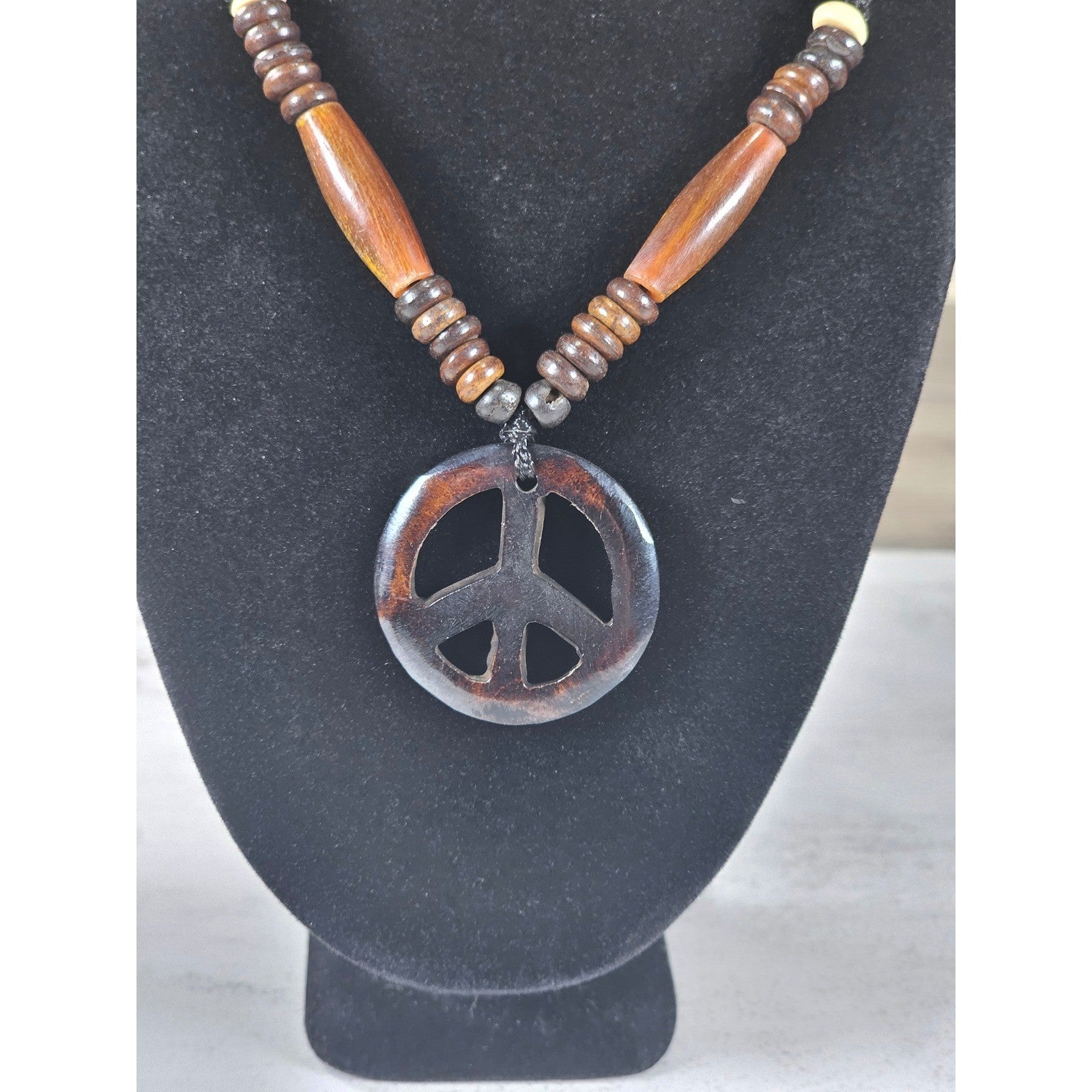 Vintage Wood Peace Sign Necklace Boho Beaded Cord Pendant