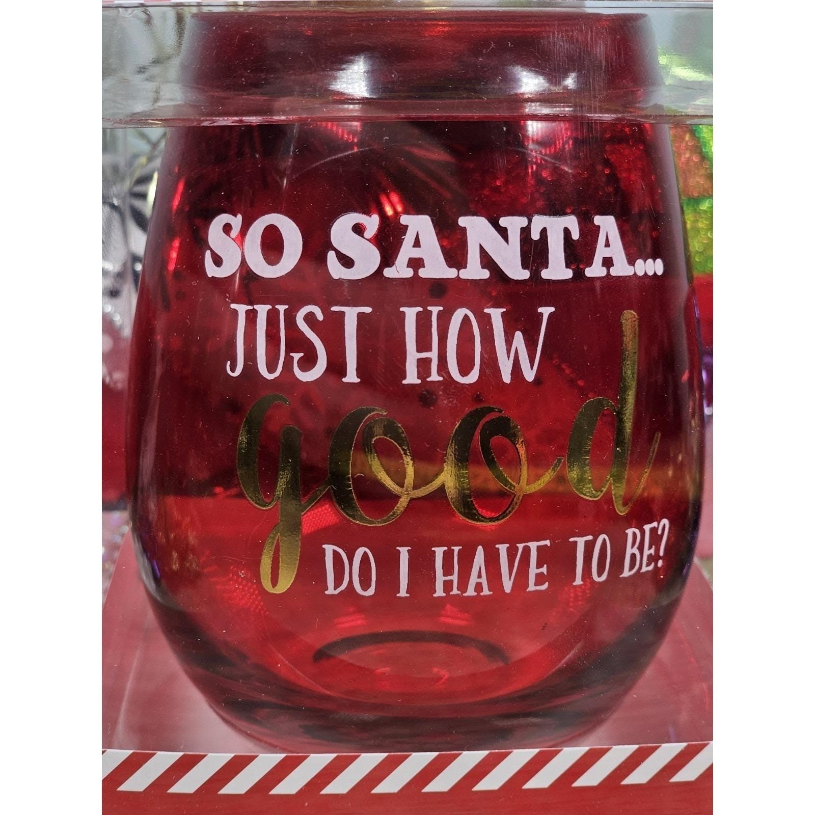 Christmas Stemless Wine Glass Funny Santa Red Holiday Glass