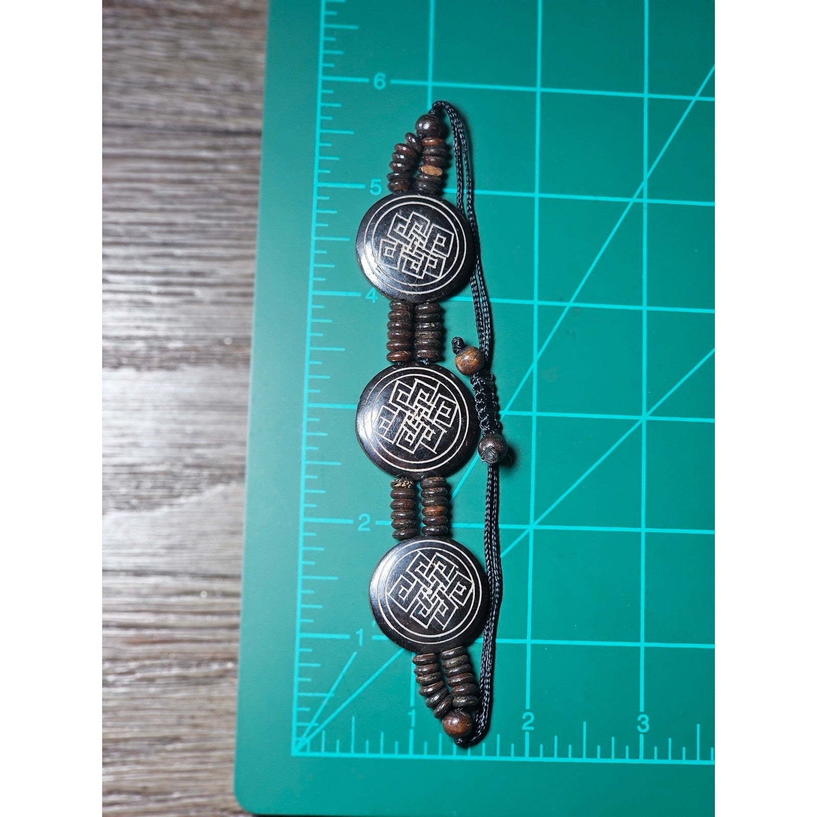 Vintage Carved Wood Symbol Bracelet Adjustable Cord Beaded