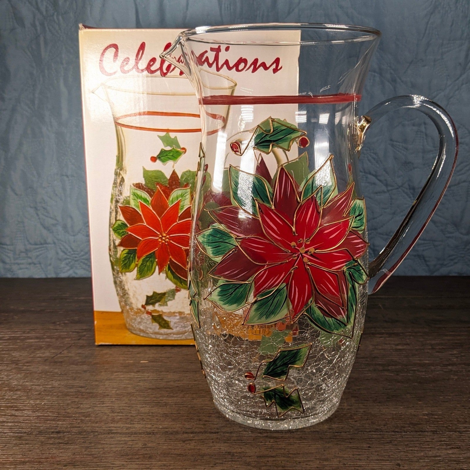 Vintage Poinsettia Glass Pitcher 72 oz Hand Painted Crackle Glass