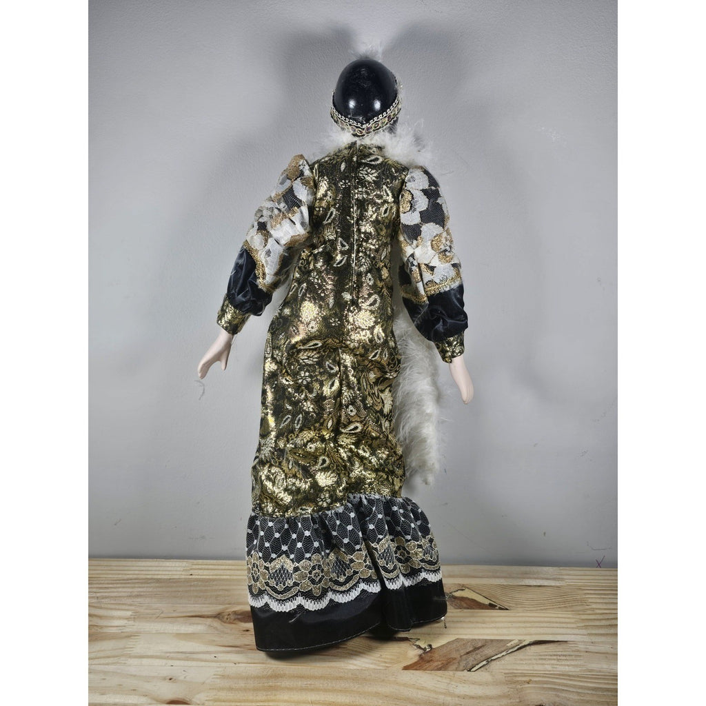 Vintage 1920s Porcelain Doll Gold White Lace Feather Boa In Box