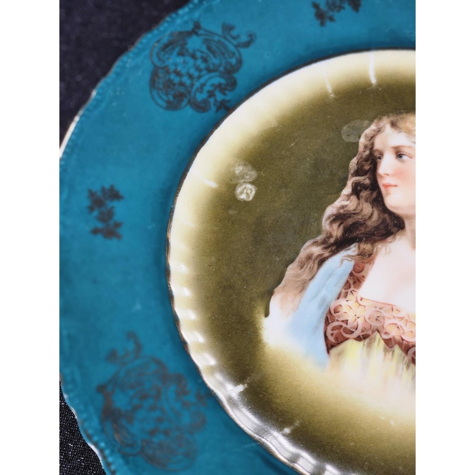 Antique Royal Vienna Porcelain Cabinet Plate Portrait Teal Olive 10 Inch