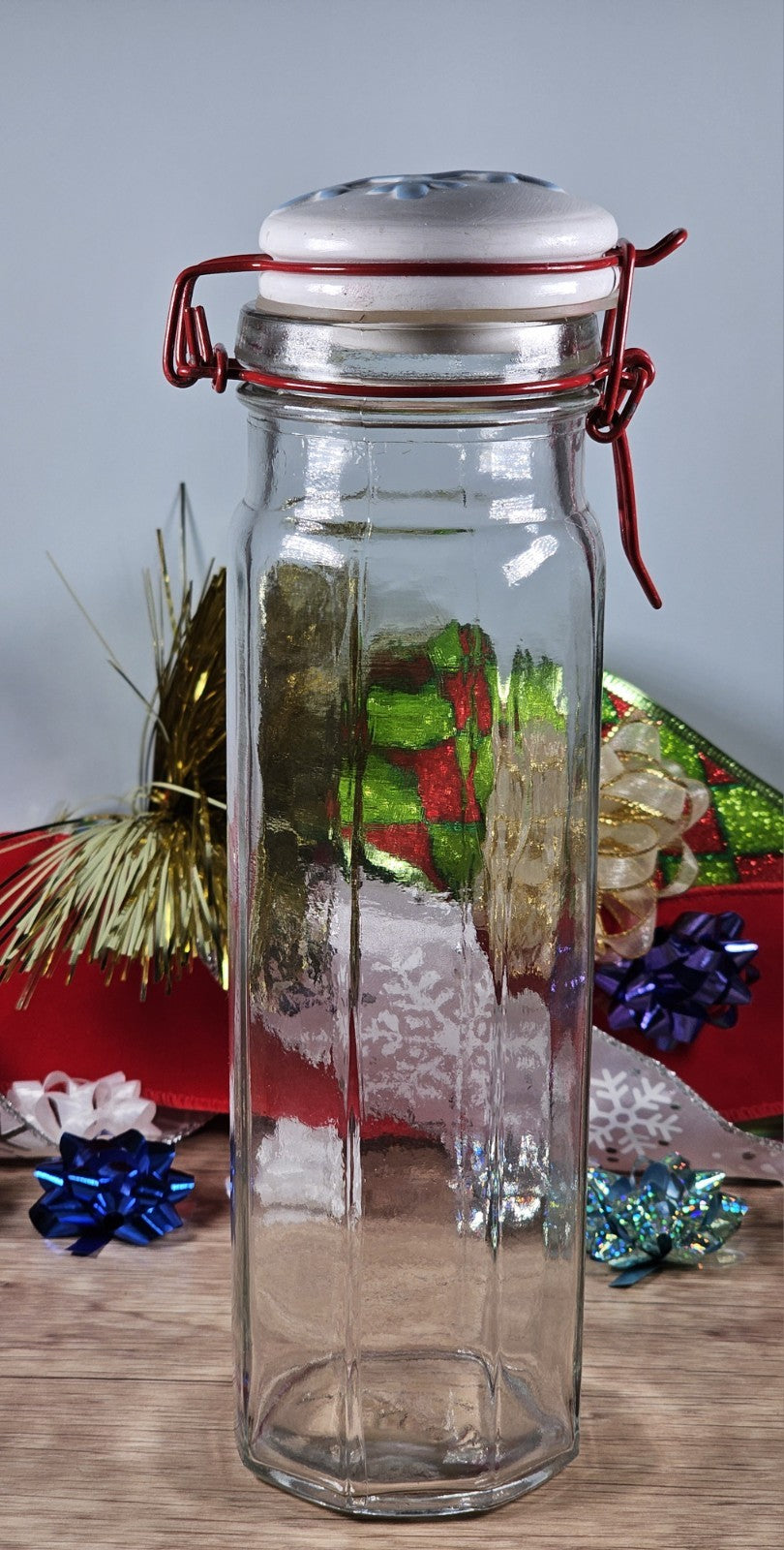 Vintage Glass Storage Jar With Snowflake Lid & Red Clasp