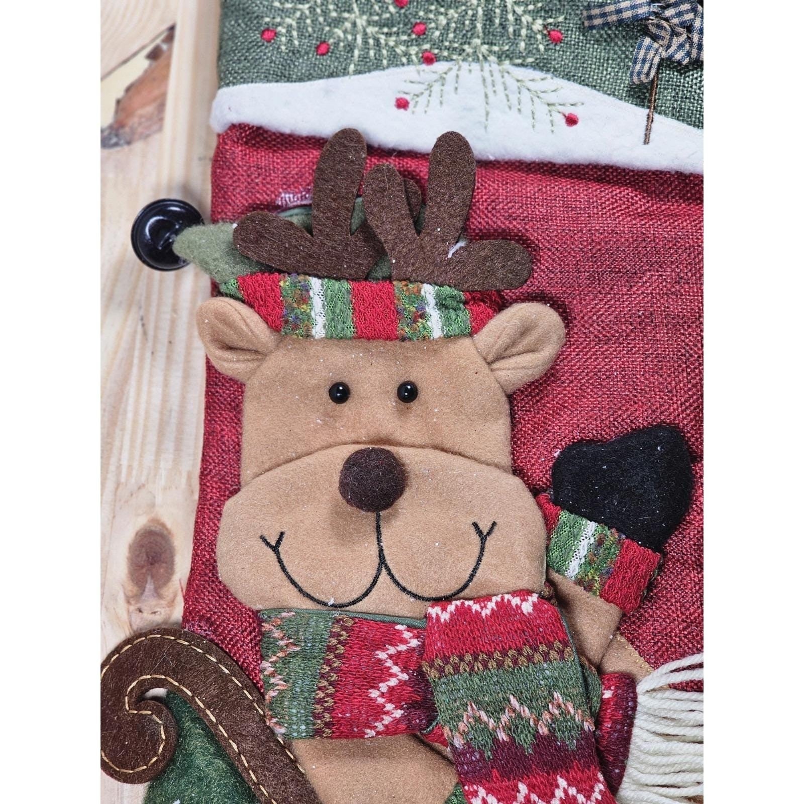 Vintage Christmas Stocking Reindeer Sleigh Red Green Holiday Decor 18"