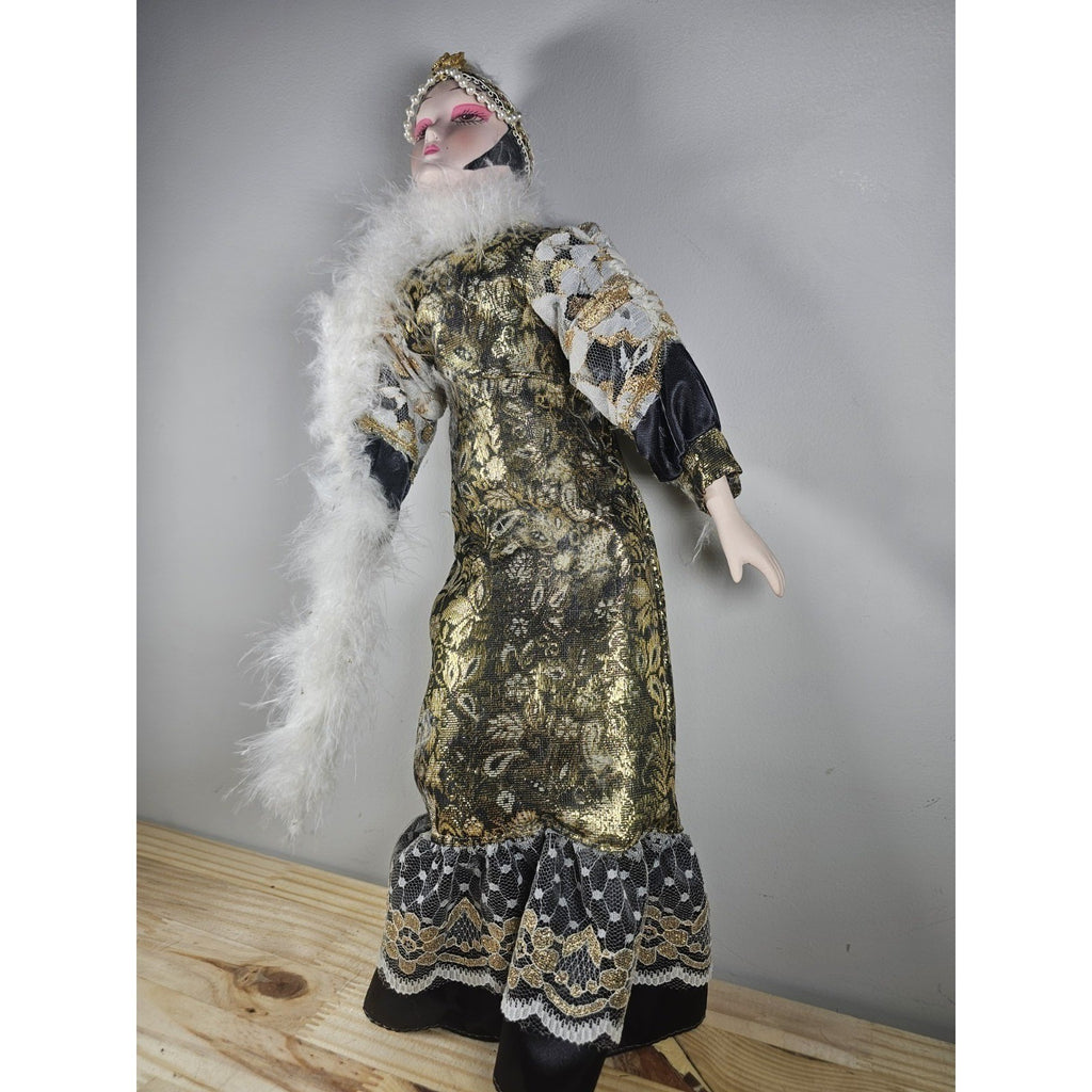 Vintage 1920s Porcelain Doll Gold White Lace Feather Boa In Box