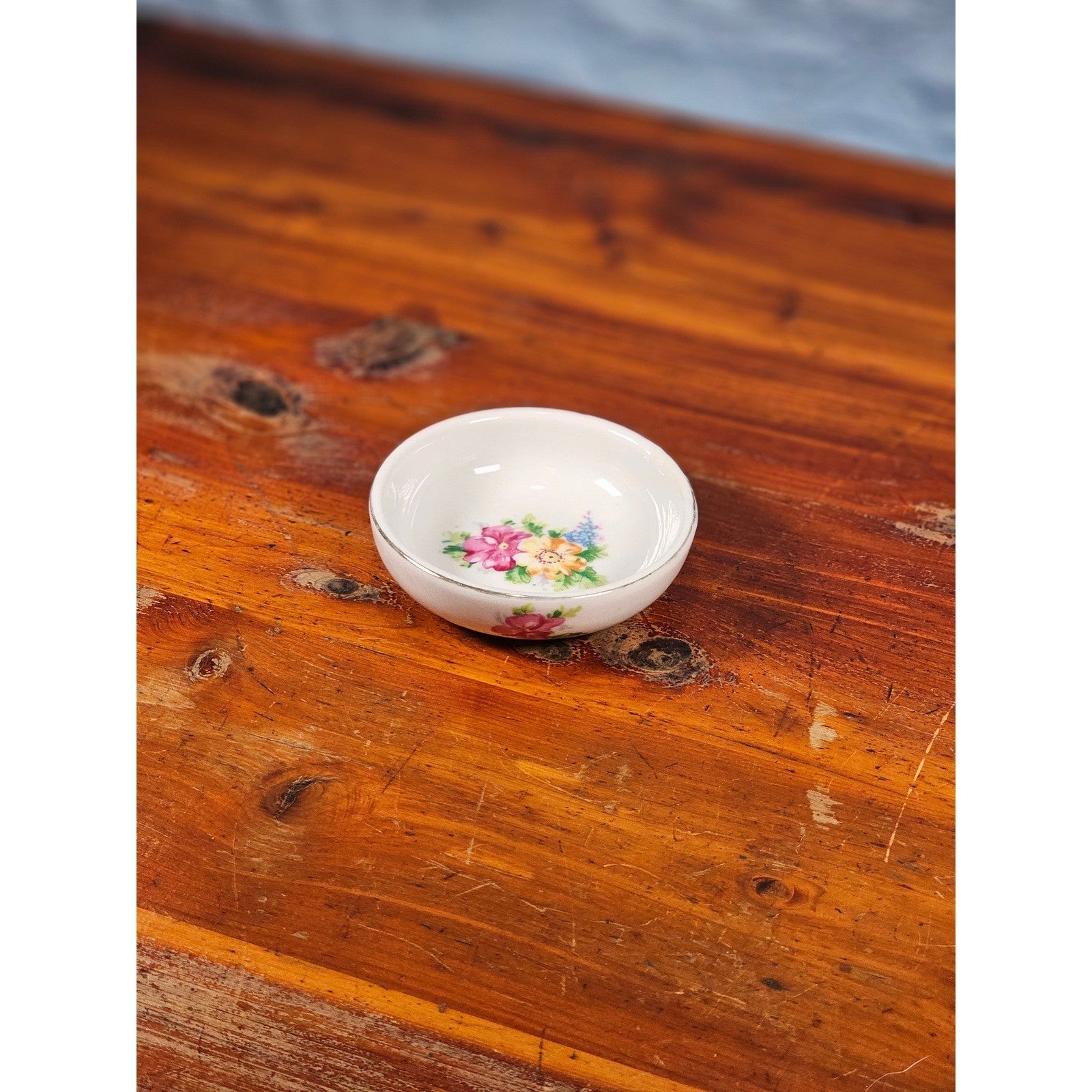 Vintage Floral Porcelain Dipping Bowl with Gold Rim – Small Trinket Dish