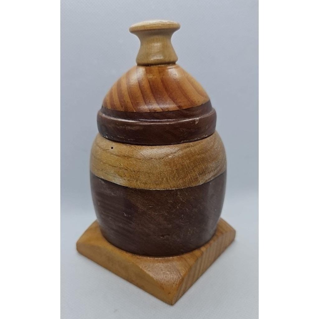 Vintage Wooden Trinket Box Round Lid Square Base Rustic Decor