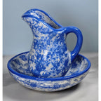 Vintage Blue & White Spongeware Pitcher and Bowl Set Rustic Pottery
