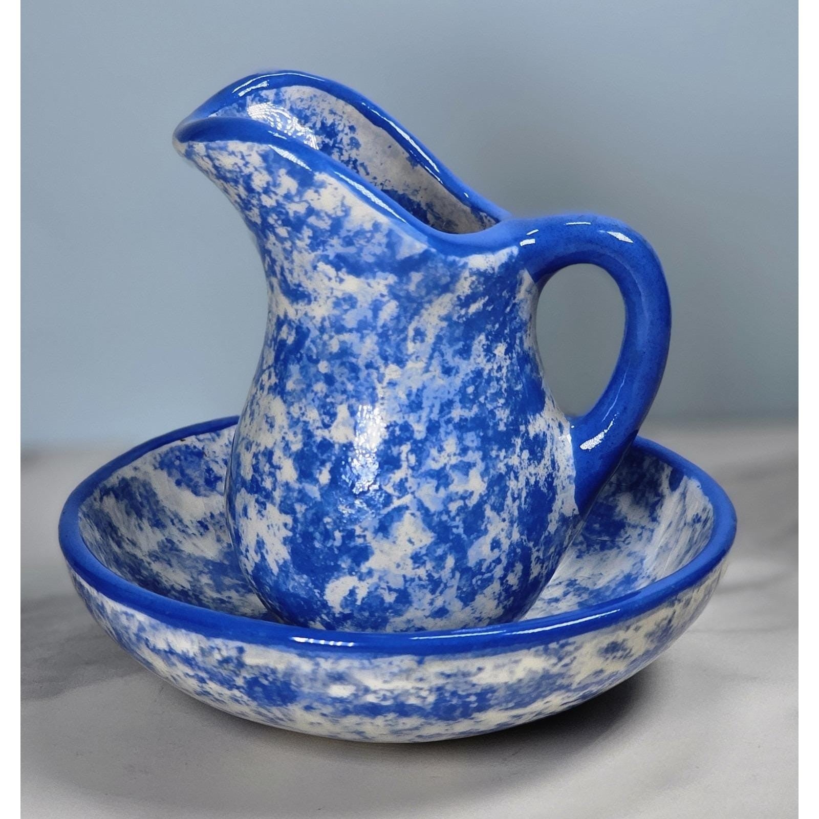 Vintage Blue & White Spongeware Pitcher and Bowl Set Rustic Pottery