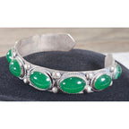 Vintage Green Cabochon Cuff Bracelet Silver Tone Statement
