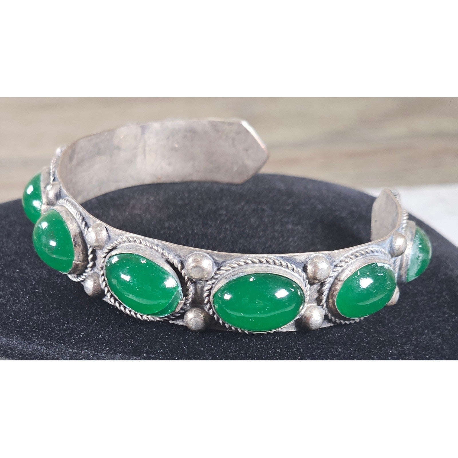 Vintage Green Cabochon Cuff Bracelet Silver Tone Statement