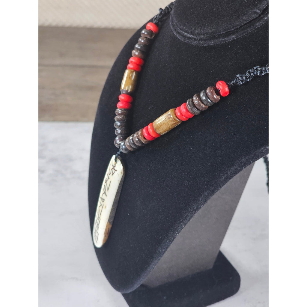 Vintage Tribal Script Pendant Necklace Wood & Red Beads