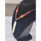 Vintage Tribal Script Pendant Necklace Wood & Red Beads