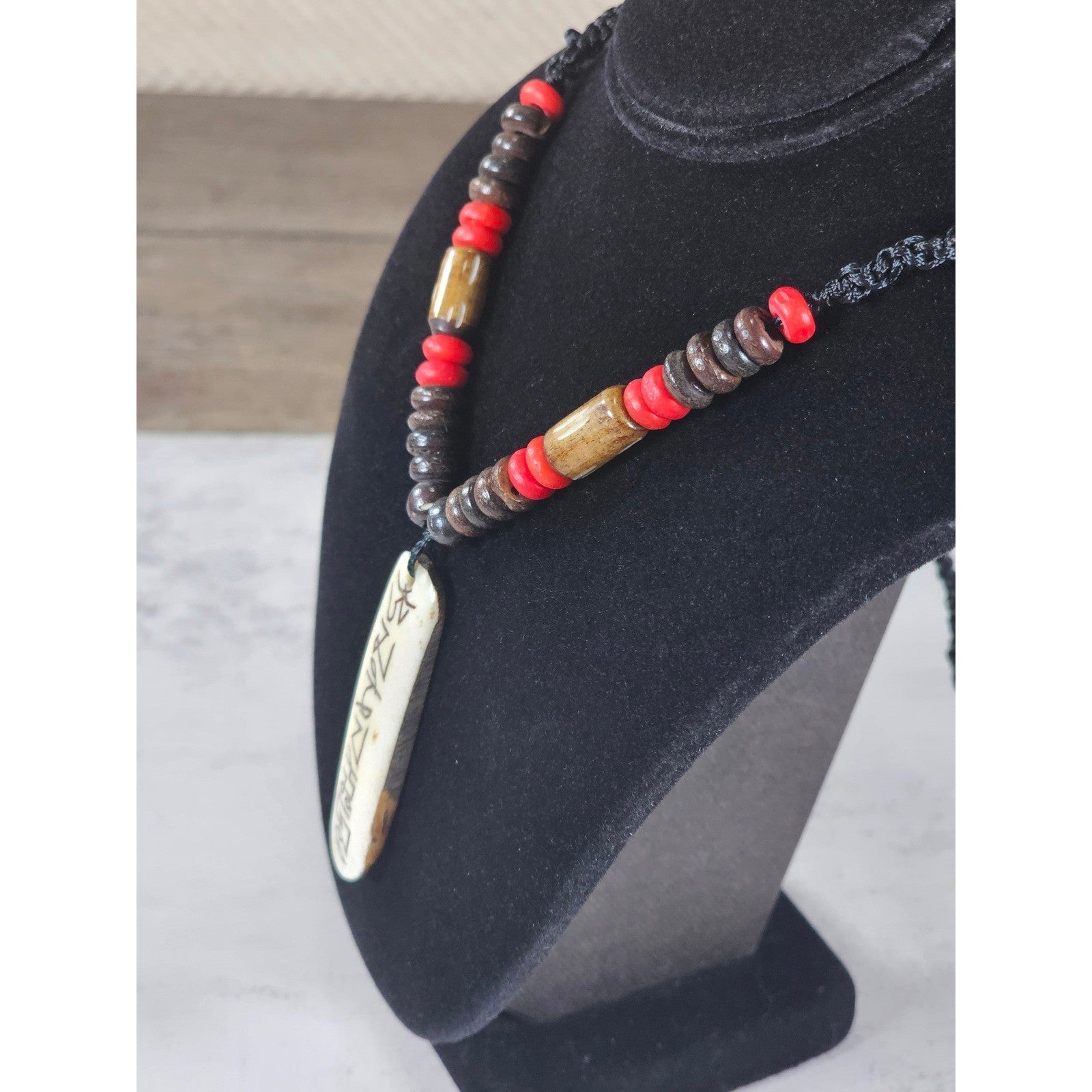 Vintage Tribal Script Pendant Necklace Wood & Red Beads