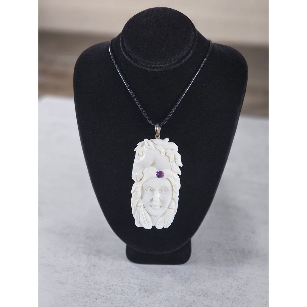 Vintage Carved Horse & Female Pendant Necklace Purple Stone