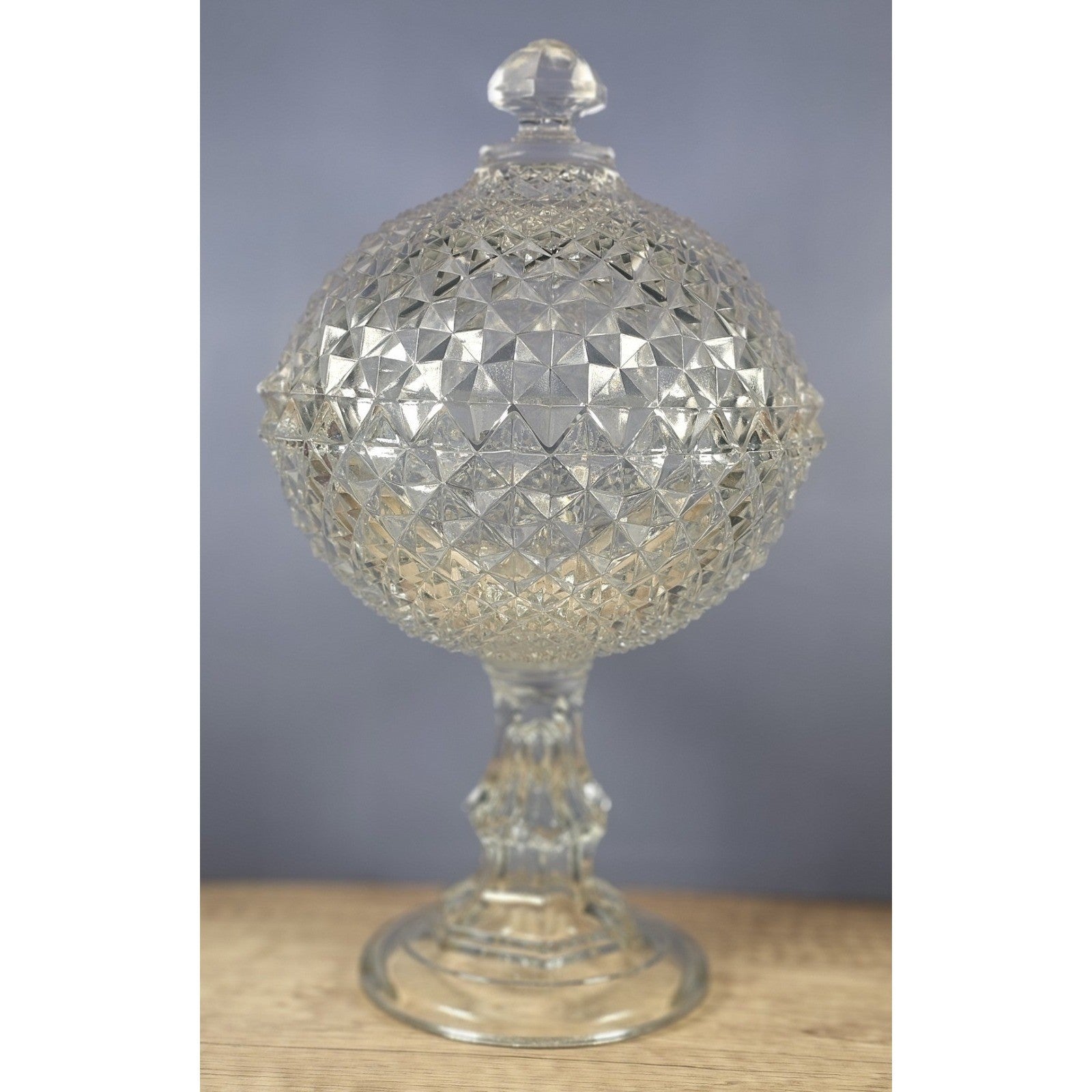 Vintage Saw Tooth Diamond Clear Flint Glass Pedestal Compote With Lid