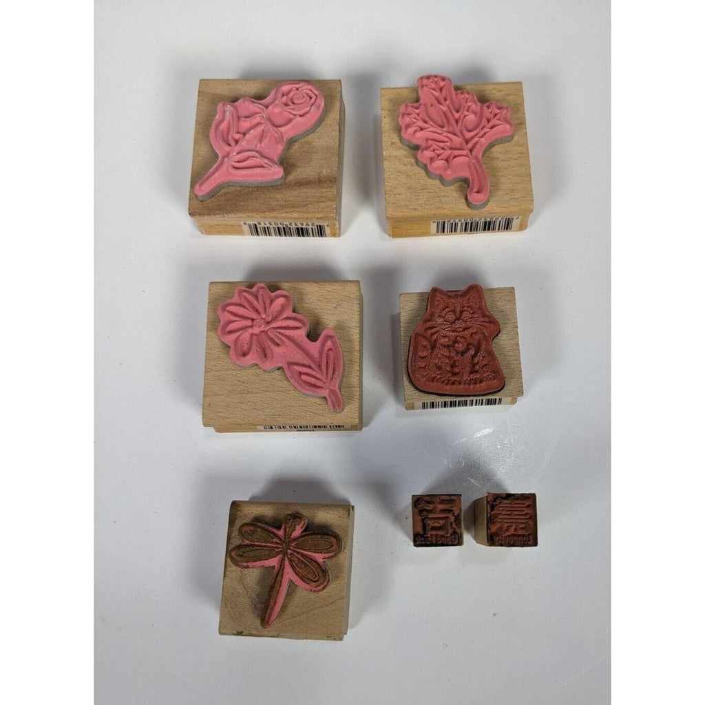 Wood Rubber Stamp Set Cat Rose Dragonfly Asian Symbols Set of 7
