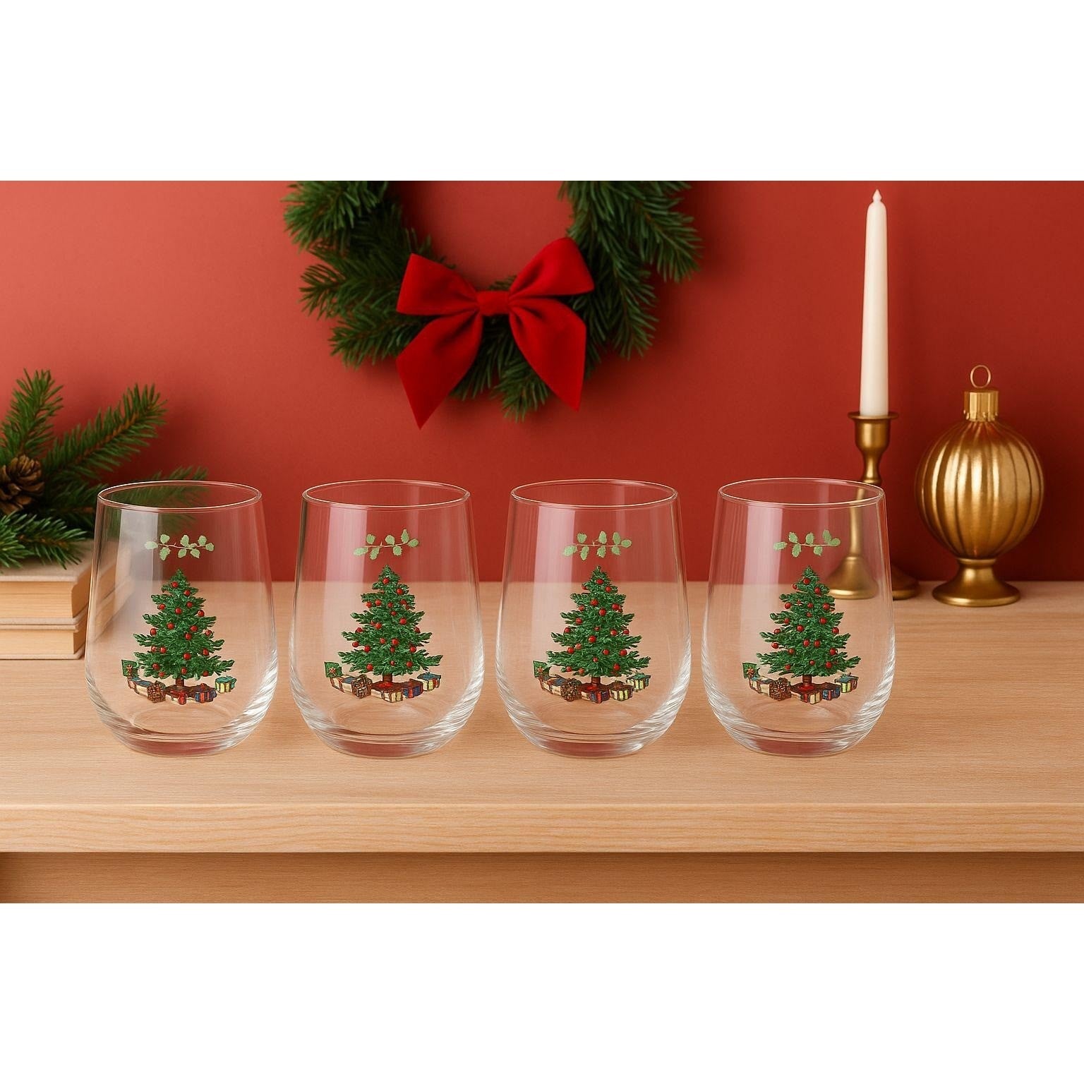 Vintage Luminarc Christmas Tree Lowball Glasses Set of 4 Holiday Whiskey Tumbler