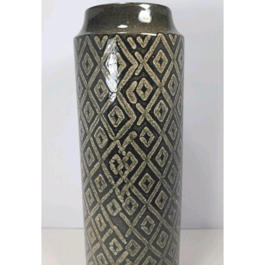 Vintage Black White Diamond Glass Vase Tall 15.6" Geometric Pattern