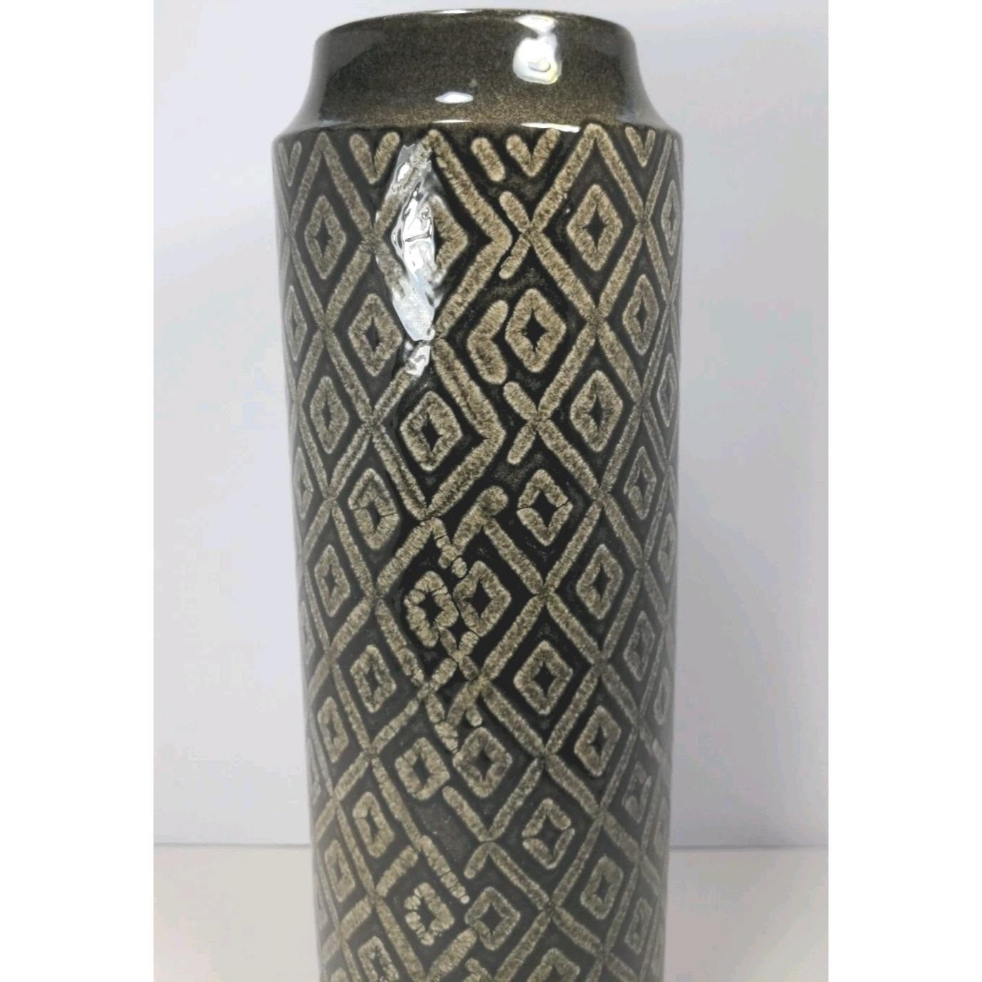 Vintage Black White Diamond Glass Vase Tall 15.6" Geometric Pattern