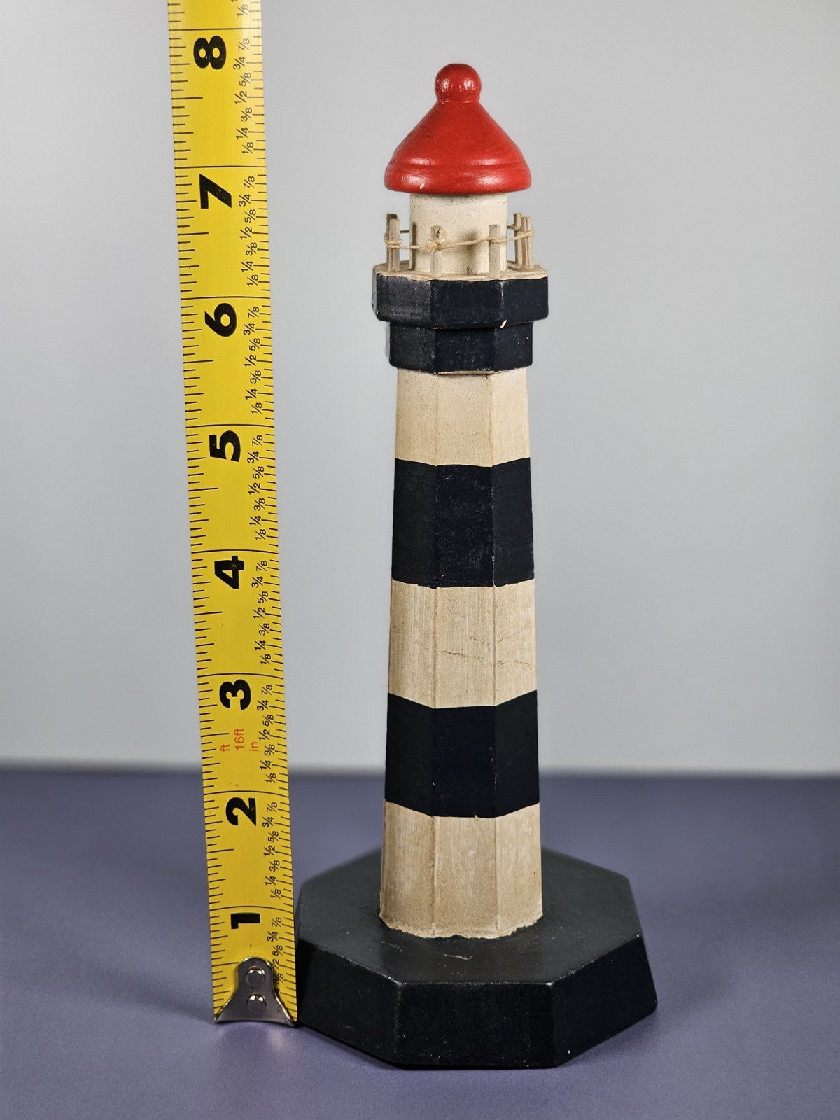 Vintage Wooden Lighthouse Figurine Black White Red Nautical Coastal Decor