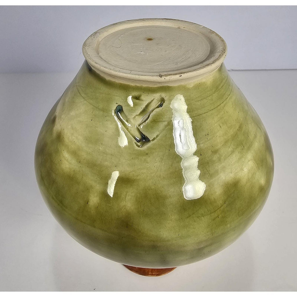 Green & Brown Drip-Glaze Pottery Vase • 5″ x 4.5″ Rustic Earth-Tone