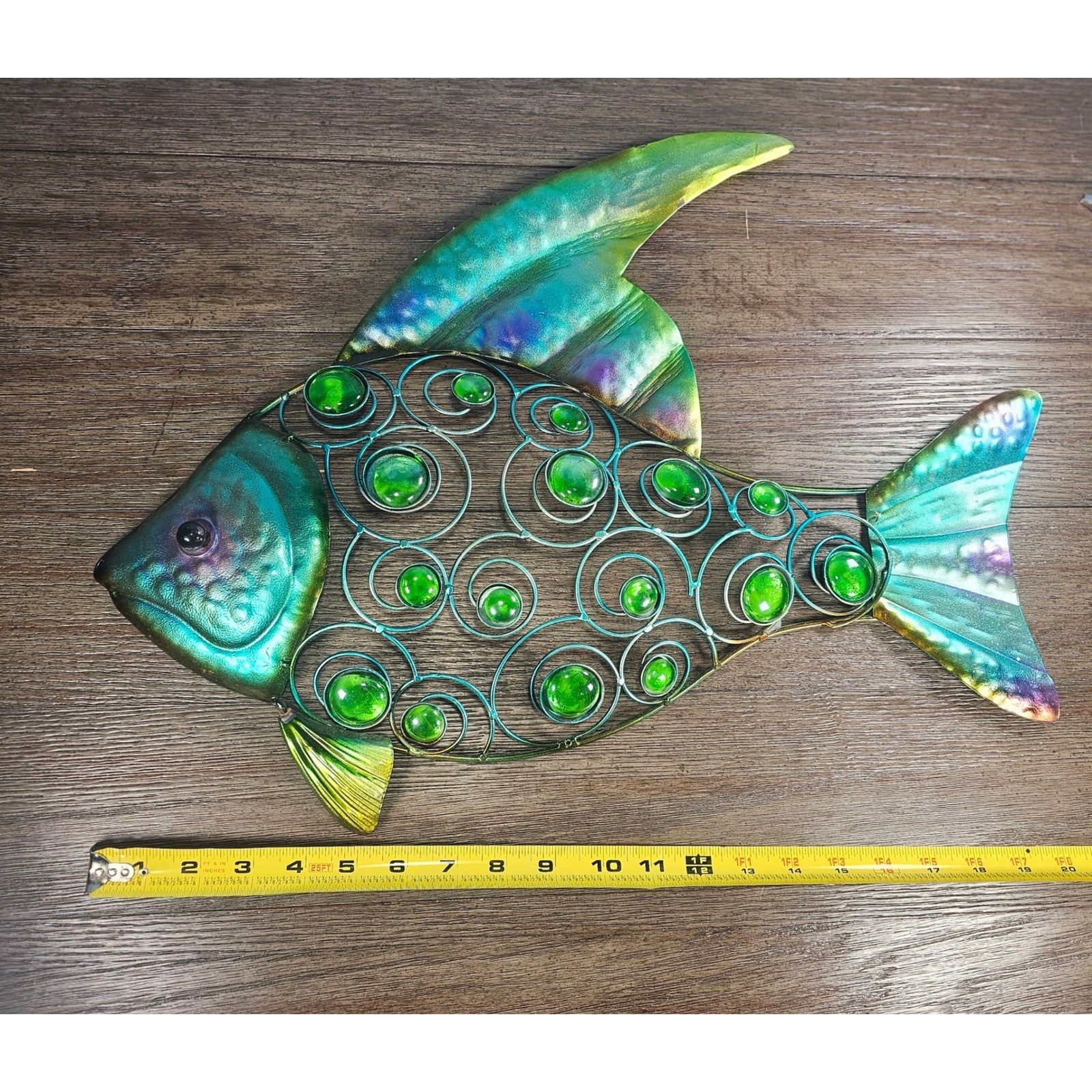 Vintage Metal Fish Wall Art Coastal Decor Green Glass Accents 20"