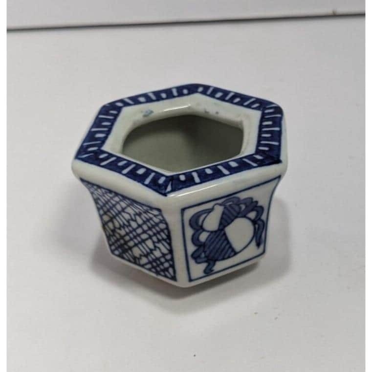 Vintage Japanese Porcelain Hexagon Pot Blue White Small Planter