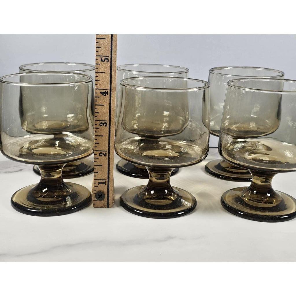 Mid Century Smokey Glass Goblets Set of 6 Vintage Footed Wine Glasses