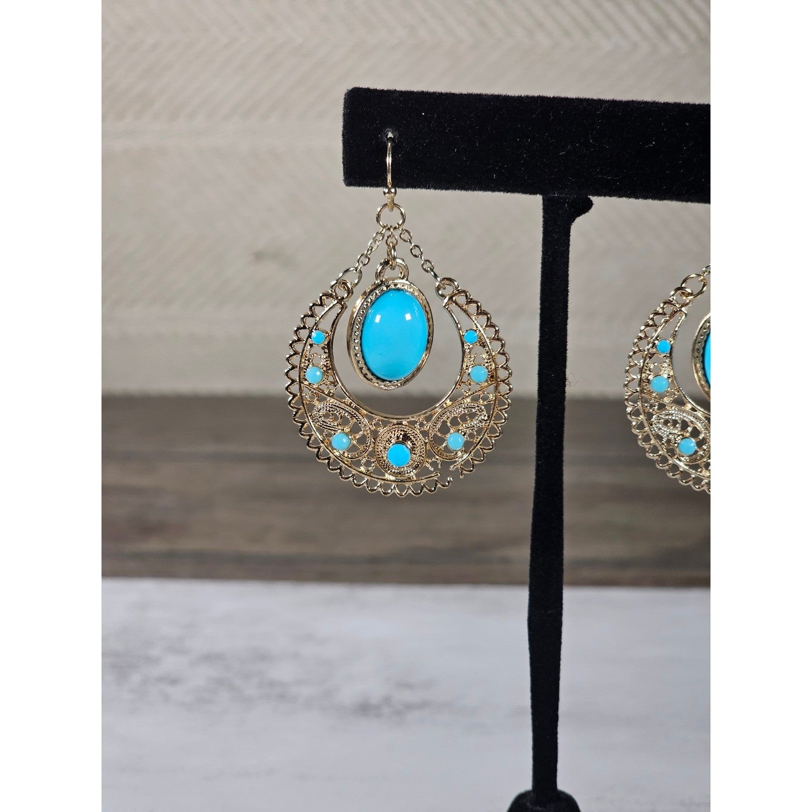 Vintage Gold Filigree Turquoise Drop Earrings Boho Statement