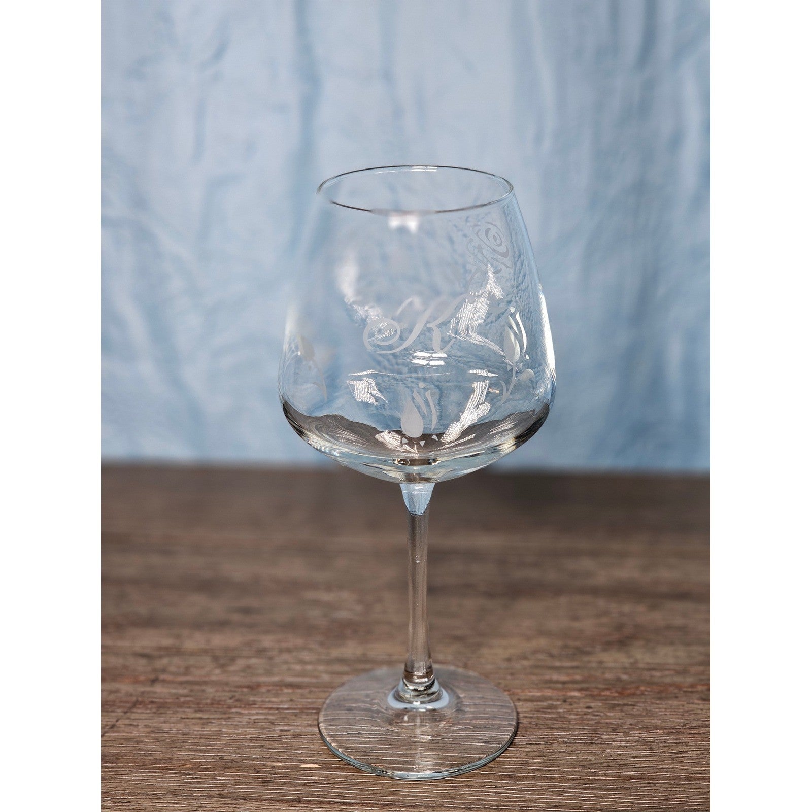 Vintage Etched Rose Wine Glass with Letter K 8.5 Inch Clear Stemware