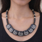 Vintage Tribal Carved Wood Spiral Necklace Statement Collar Black