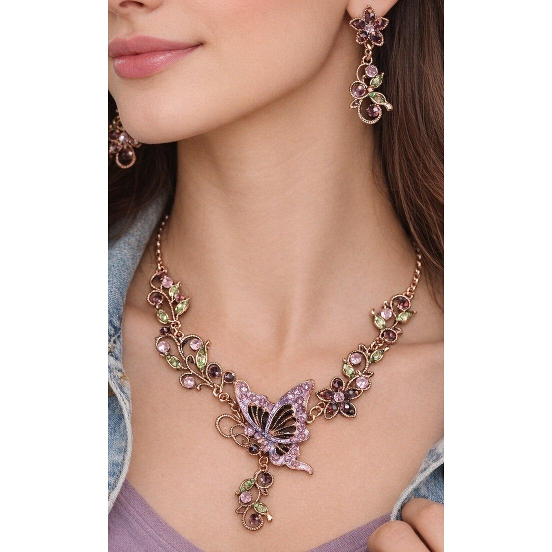Vintage Butterfly Necklace Earring Set Purple Green Floral Gold Tone