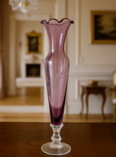 Amethyst Purple Etched Flower Bud Vase • Hand-Blown Glass • Ruffled Edge • 8″
